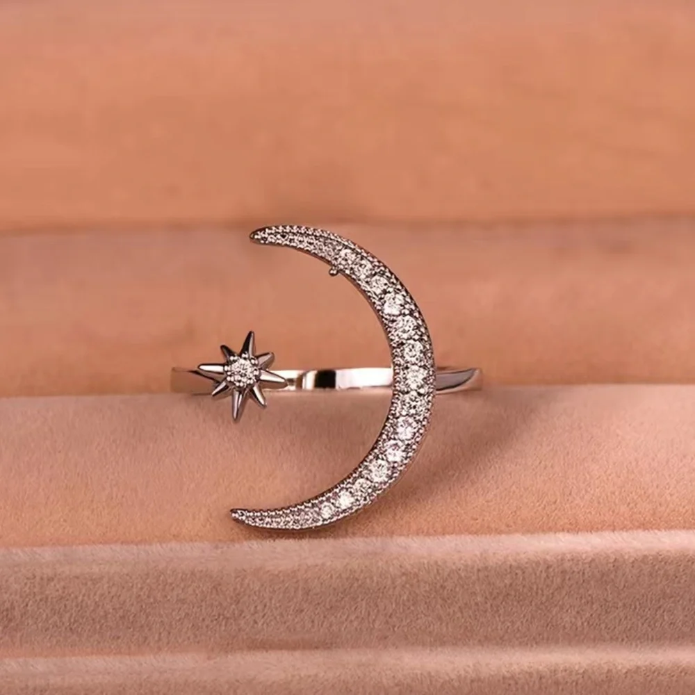 Adjustable Size Cuff Ring Crescent Moon And Star Design Shape Inlaid Rhinestones - Picture 4 of 8